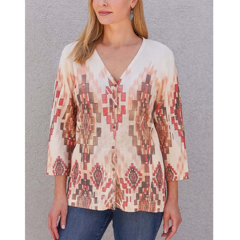 Vintage Elegantissimo Firenze Knit Cardigan Top Southwestern Print Ethnic sz XL